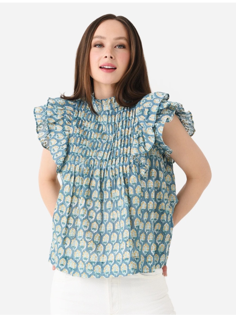 Oliphant Pintuck Ruffle Top Blouse Blue Floral Block Print Cotton Women’s XS*44